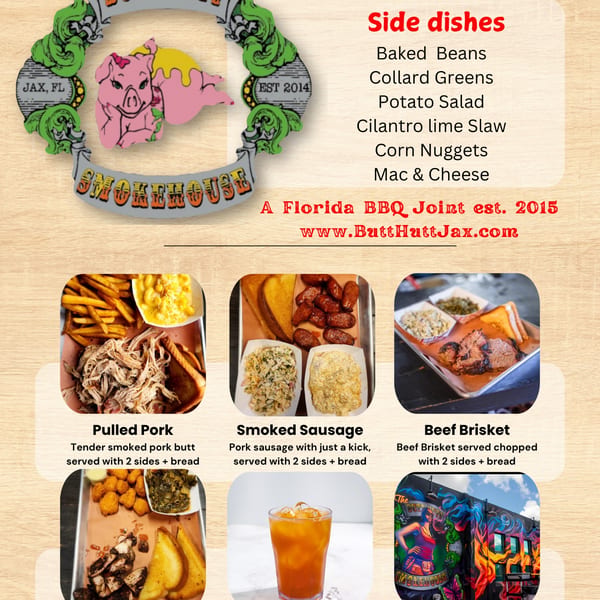 A menu for The Butt Hutt Smokehouse, featuring BBQ dishes, sides, and a logo with a pig.