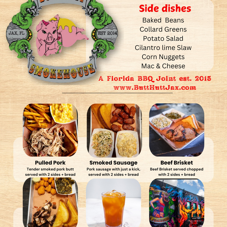 A menu for The Butt Hutt Smokehouse, featuring BBQ dishes, sides, and a logo with a pig.