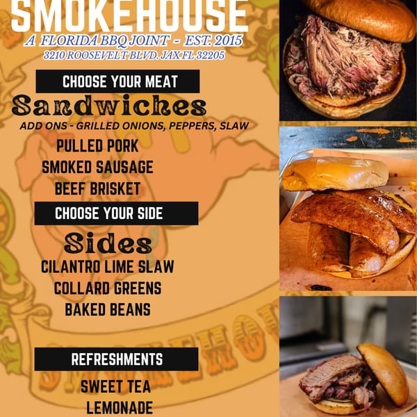 Butt Hutt Smokehouse menu with images of pulled pork, smoked sausage, and beef brisket sandwiches.