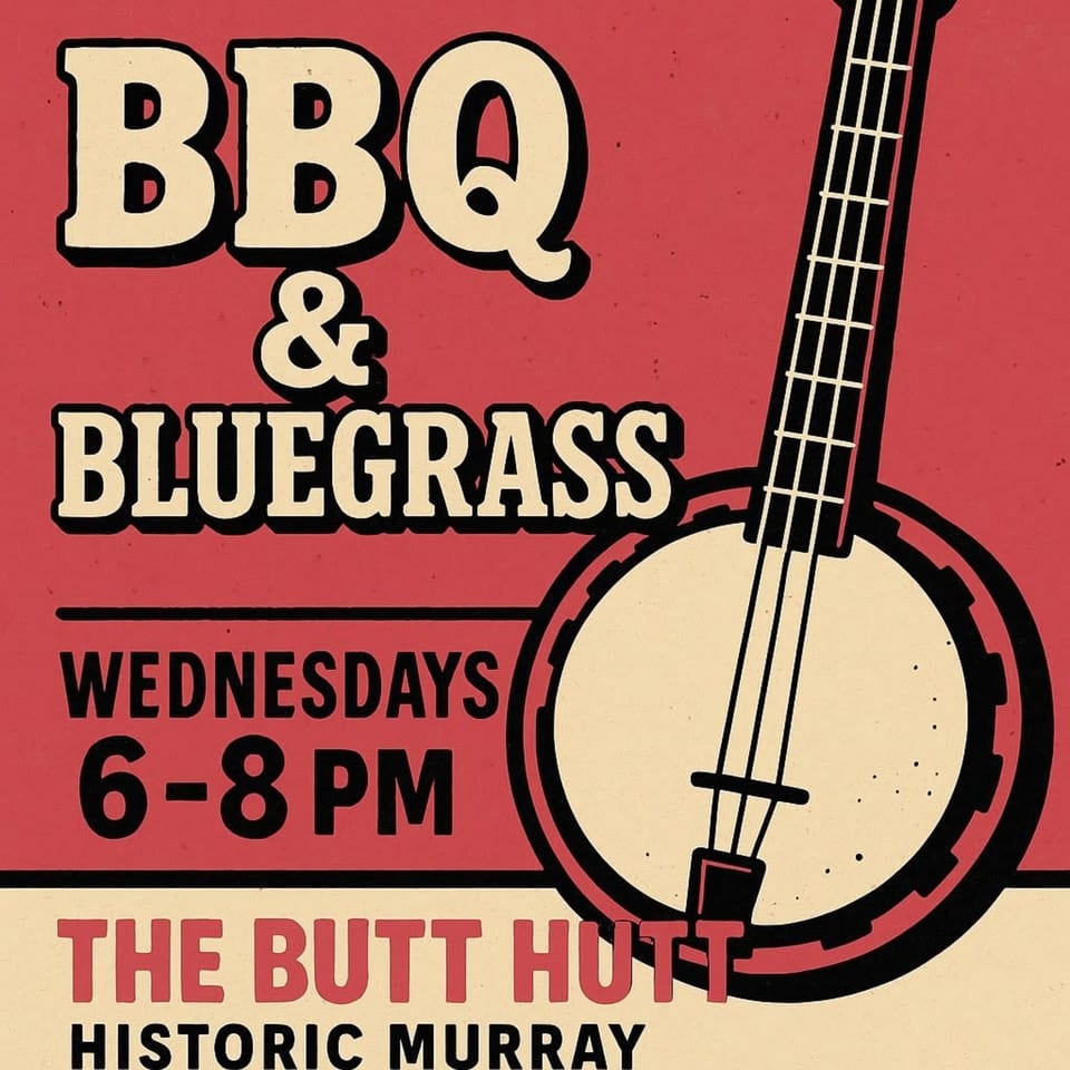 Red and cream poster advertising "BBQ & Bluegrass Wednesdays 6-8 PM" with a banjo graphic.