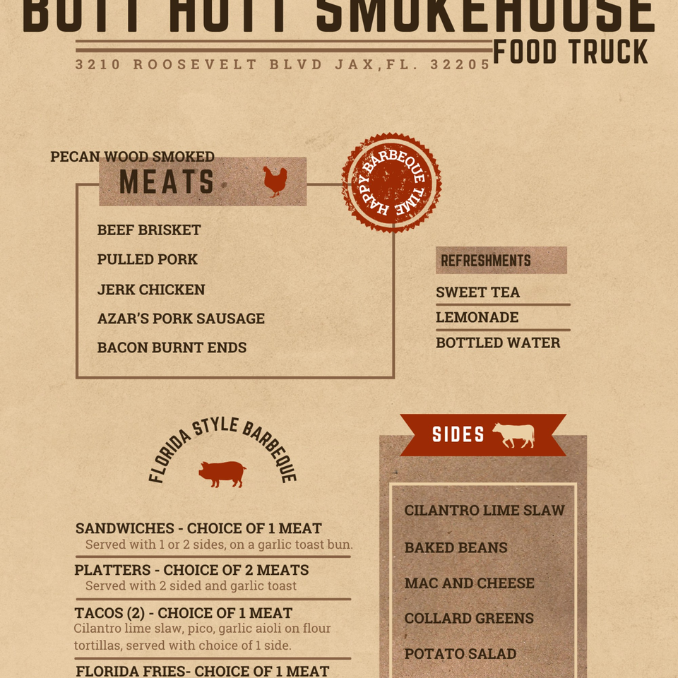 The Butt Hutt Smokehouse food truck menu, featuring pecan wood smoked meats, refreshments, sandwiches, platters, tacos, and sides.